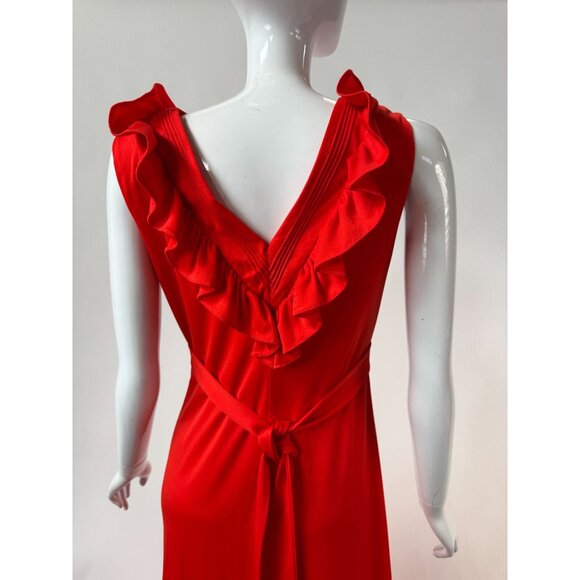 Vintage 1970s Jerell Of Texas Red Ruffled Maxi Dress Sleeveless V-Neck Belted Wa - Picture 9 of 16